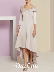 A-Line Mother of the Bride Dress Elegant Vintage V Neck Asymmetrical Satin 3/4 Length Sleeve with Beading 2021