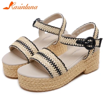 

KARINLUNA Retro Female Casual Brand Office Sandals Wedges Buckle Strap Open Toe Striped Women Sandals Platform Women Shoes