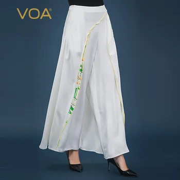 

VOA 40mm Off-white Medium Waist Non-symmetrical Printed Leaflet Joint Western Style Long Real Silk Loose Pants K888