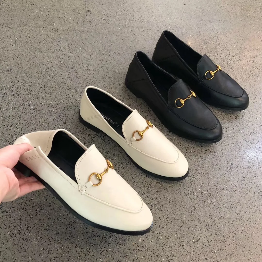 

2019 Spring New Style Slip-on Metal Buckle Step on with Lazy Flat England Double Purpose Small Leather Shoes Loafers Shoes Women