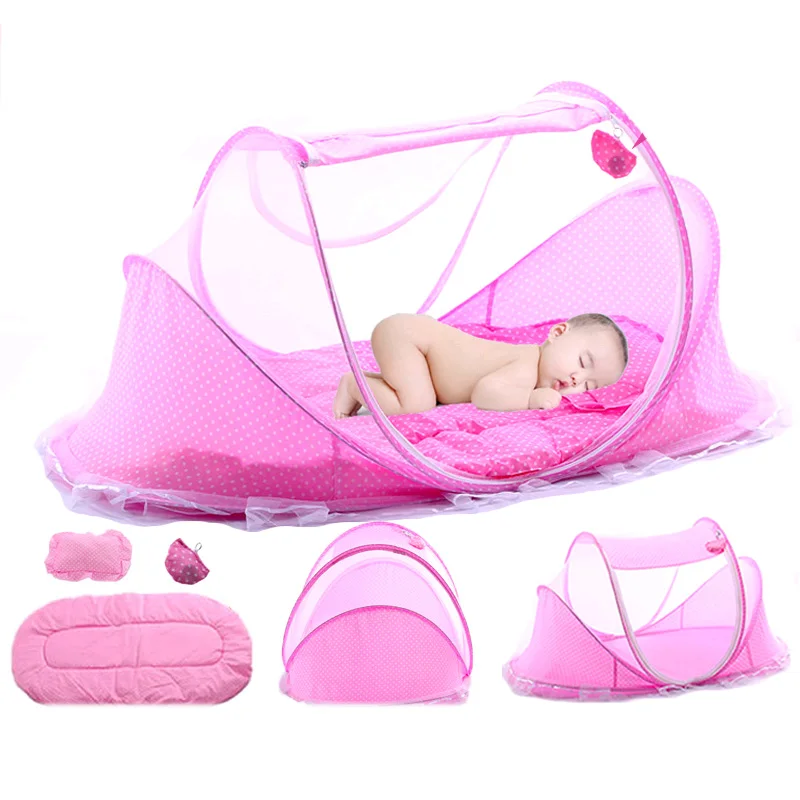 Портативная детская дорожная кровать с коврик на подушку, комплект для детского постельного белья, складная кроватка для сна с москитной сеткой для 0-3 лет
