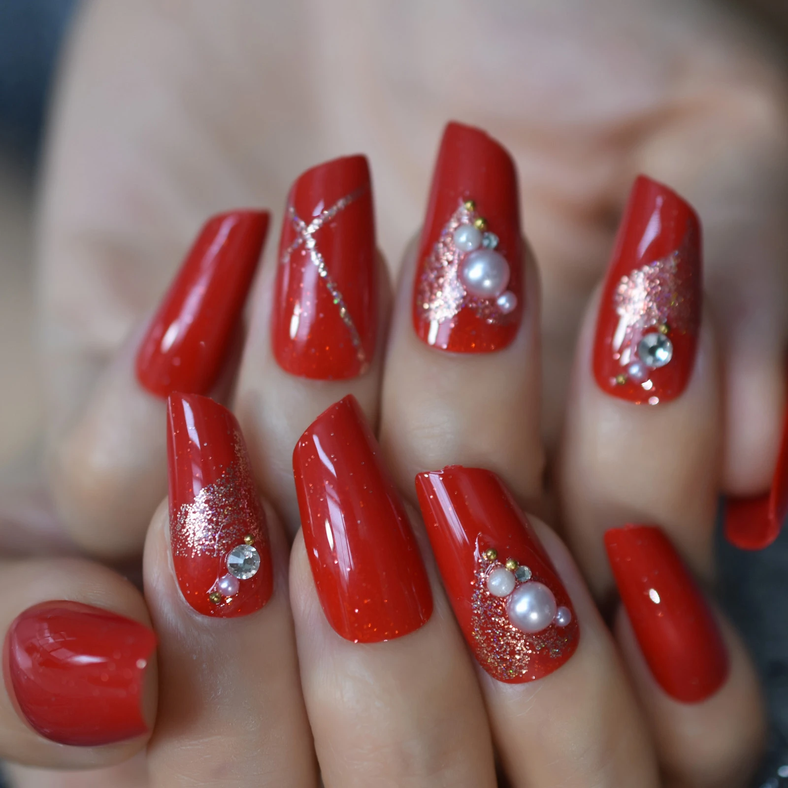 Pre designs 2021 Aug. New Press On Nail Tips Red Lipstick Nail Fake Diamond  Uv Nail Medium Polish Pearl Glossy Glitter Manicure|False Nails| -  AliExpress