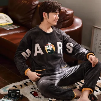 

Autumn Winter Long Sleeve Thick Warm Flannel Pajama Set for Men Coral Velvet Sleepwear Suit Pyjamas Lounge Homewear Home Clothes