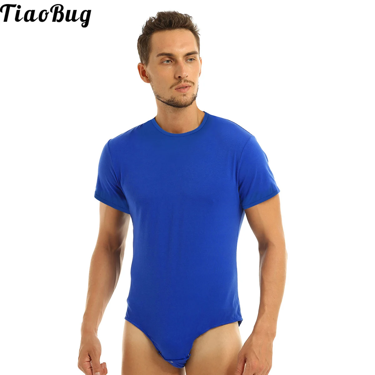 

TiaoBug Summer Men Adults One Piece Lingerie Round Neck Short Sleeves Press Crotch T-Shirt Bodysuit Romper Pajamas Swimwear