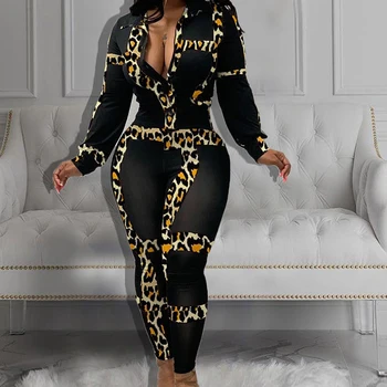 

Leopard Print Long Sleeve Skinny Rompers Women Jumpsuit Ladies Turn Down Collar One Piece Overalls Streetwear