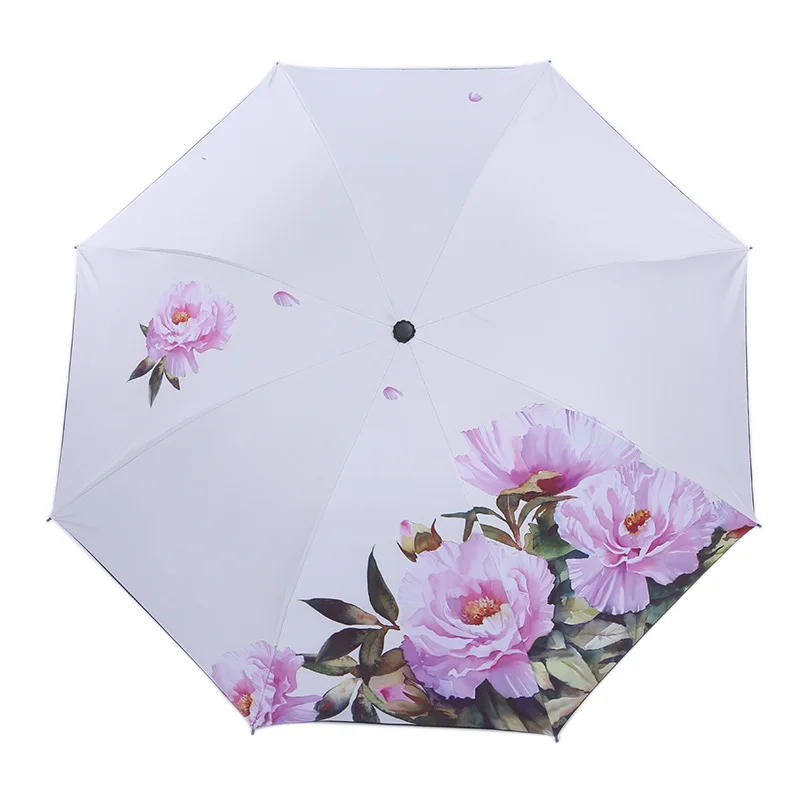 Мини-Зонт от дождя для женщин, новинка, для путешествий, портативный, защита от ультрафиолета, складной, для девушек, маленький, трехкратный, солнцезащитные зонты, с принтом пиона, зонтик