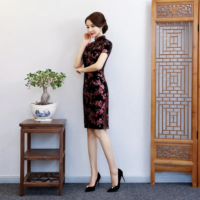 Сексуальное облегающее винтажное женское платье с пуговицами Cheongsam, с цветами, классическое велюровое мини платье Qipao, новинка, китайское платье Vestidos, вечернее платье