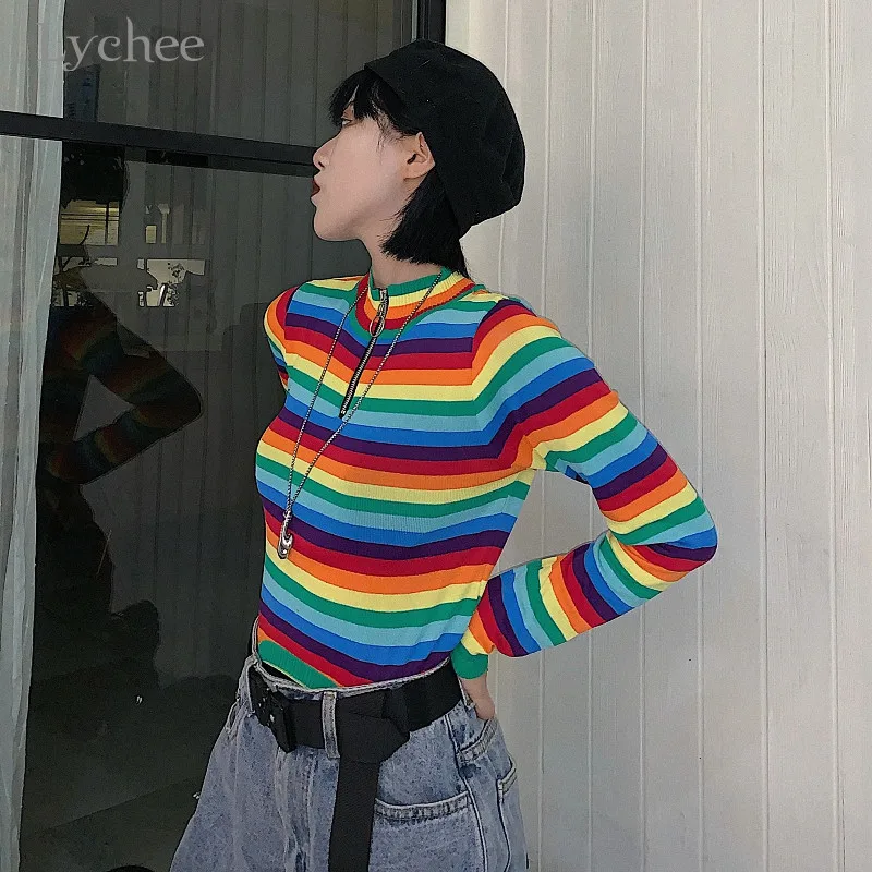 Lychee Harajuku радужная полоса женская трикотажная футболка водолазка кольцо на молнии Женская трикотажная футболка осенние женские футболки