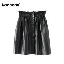 Женские черные плиссированные мини-юбки из искусственной кожи, стильные эластичные женские юбки на талии, Элегантные Женские однотонные юбки из искусственной кожи