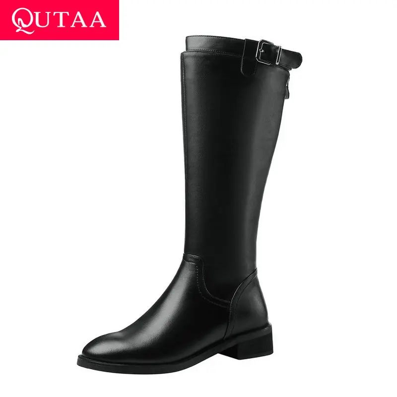 

QUTAA Platform Knee High Boots New Autumn Winter Zipper PU+Leather Pointed Toe Square High Heel Women Shoes Size 34-39