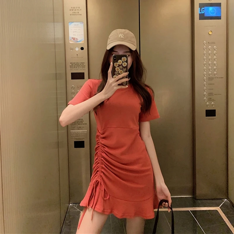 

Women Mini Dress Side Drawstring Ruffled Slim Casual Solid Short Sleeve Summer Short Dress