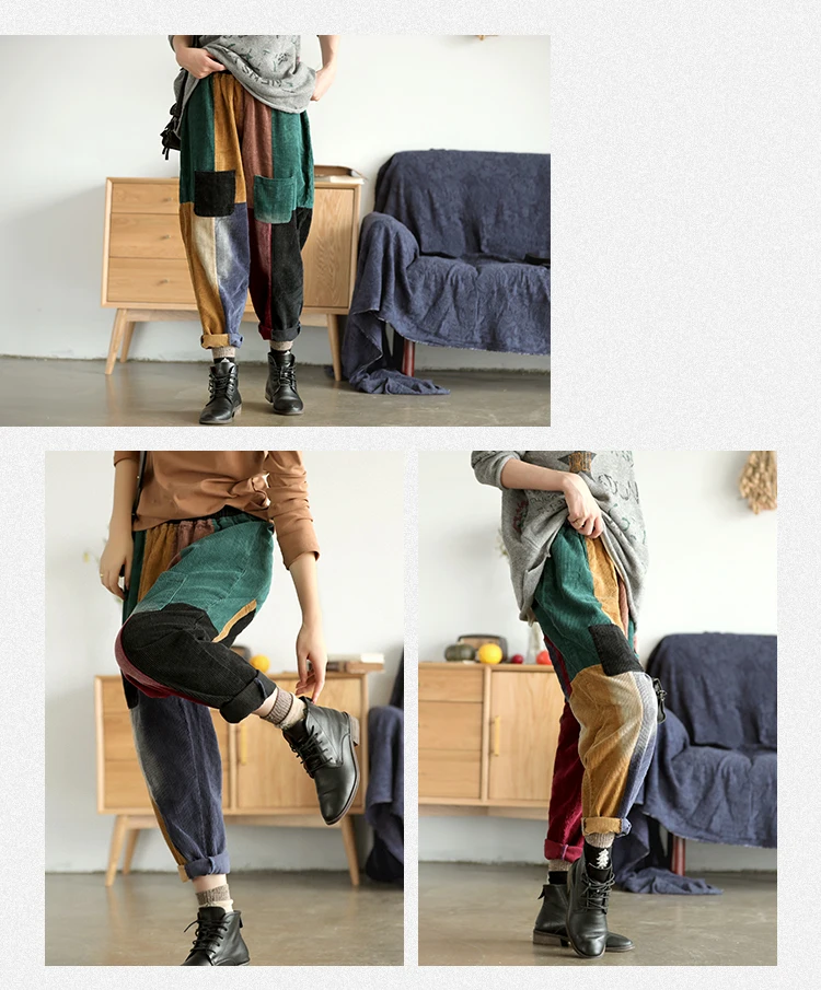 Осенне-зимние брюки в стиле ретро женские свободные повседневные вельветовые брюки новые эластичные брюки с карманами в стиле пэчворк винтажные женские брюки