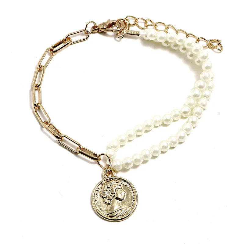 Cool Fashion Beauty Head Coin Pendant Bracelet 2020 Women Earrings Simple Double Layer Pearl Beaded Hand Jewelry | Украшения и