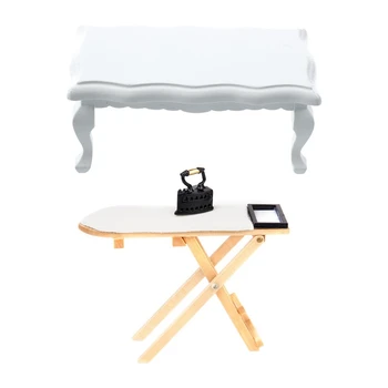 

1/12 Dollhouse Miniature Furniture Wave-Edged Wooden Coffe/End Table - White & Miniature Iron with Ironing Board Set