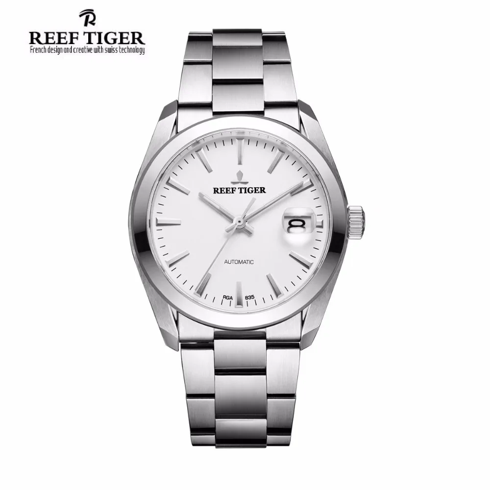 

Reef Tiger Mens Dress Watches Stainless Steel Sapphire Crystal Perpetual Calendar Silver Rolexable Automatic Waterproof Watches