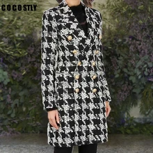 Зимнее пальто женское клетчатое шерстяное Новое Стильное подиумное женское твидовое Пальто двубортное длинное пальто с пуговицами льва manteau femme