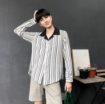 

2020 Spring And Autumn New Youth Pop Stripe Contrasting Design Long Sleeve Shirt Fashion Casual Wild Top Black / White