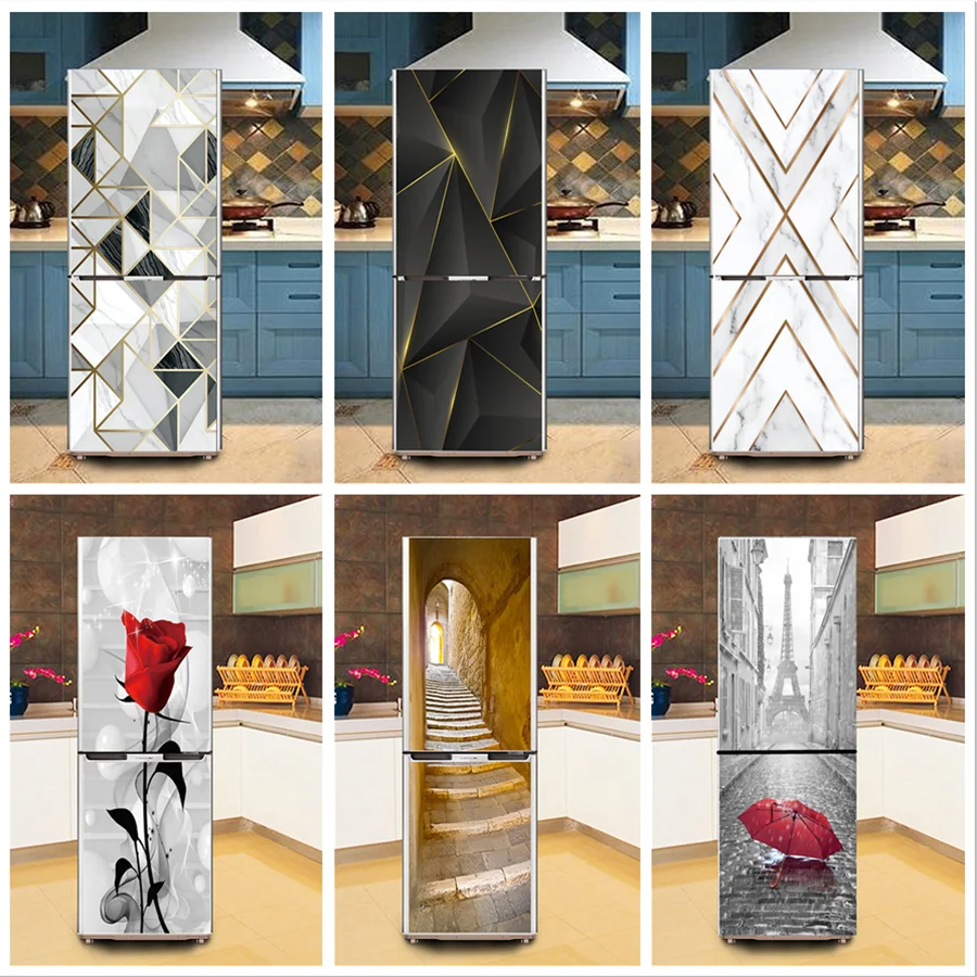 3D Marble Fridge Stickers Door Cover Refrigerator Wallpaper Self-adhesive Freezer Line Vinyl Film Decor Decal Art Mural Kitchen | Дом и сад