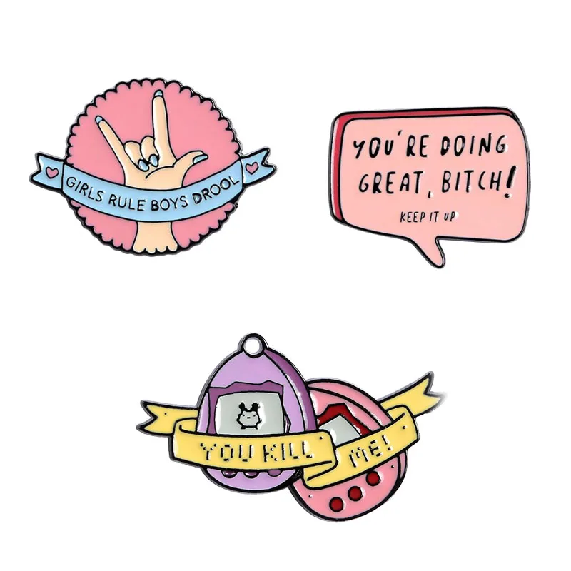 

New pink round finger information box letter ribbon game machine creative metal pin button ename brooch lapel clothes jewelry