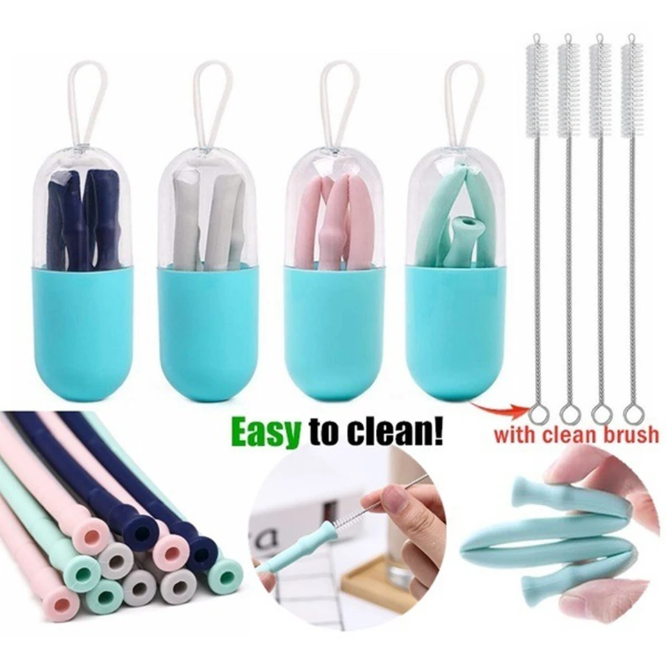

Collapsible Reusable Straw Foldable Silicone Straw Drinking Straws With Cleaning Brush Set for Travel Home Office Bar Drinks