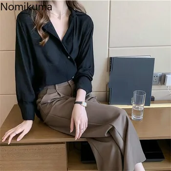 

Nomikuma Spring Summer Women Loose OL Blouse 2020 Korean Office Ladies Bluss Tops Single Breasted Turn Down Collar Shirt 3Z119