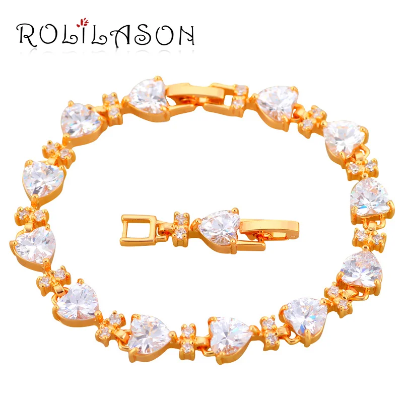 Rolinason Романтический Ретро Кристалл белый циркон в форме сердца золотые браслеты для женщин классические ювелирные изделия TB188