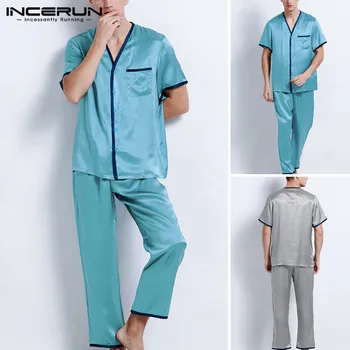 

INCERUN Men Pajamas Sets Short Sleeve V Neck Soft Tops & Pants Fashion Homewear Mens Sleepwear Sets Cozy Casual Nightgown S-5XL