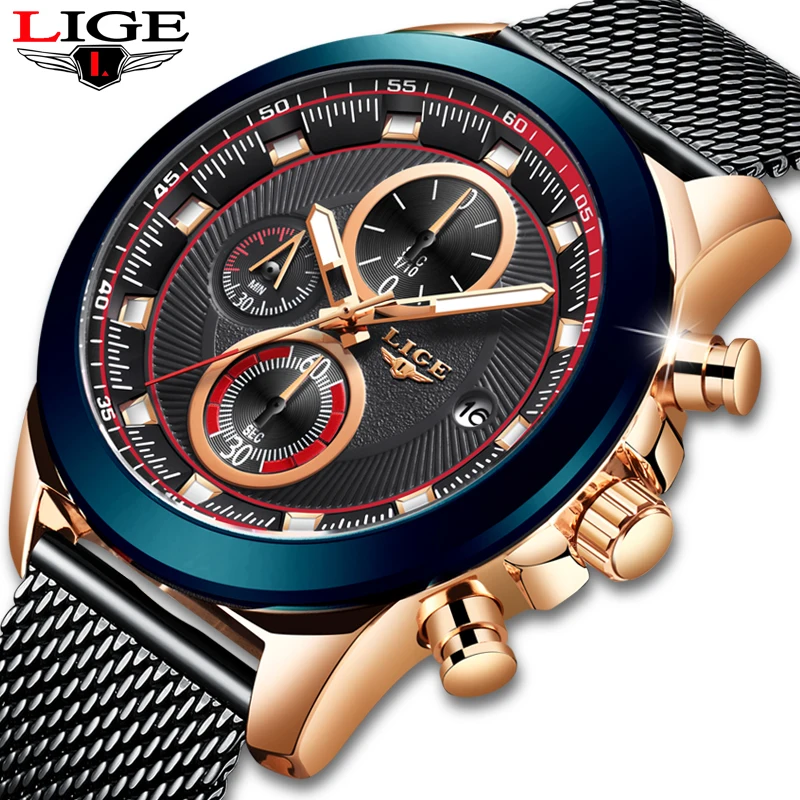 

2019 LIGE Mens Watches Top Brand Luxury Military Watch Men Net with Waterproof Clock Quartz Watch Chronograph Relogio Masculino
