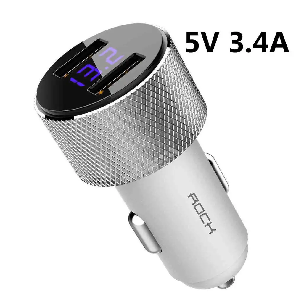 ROCK 5V 3.4A металлическое автомобильное зарядное устройство с двумя USB цифровым дисплеем для iPhone X 8 XS MAX 7 Xiaomi samsung Быстрая зарядка контроль напряжения - Тип штекера: Metal 3.4A White
