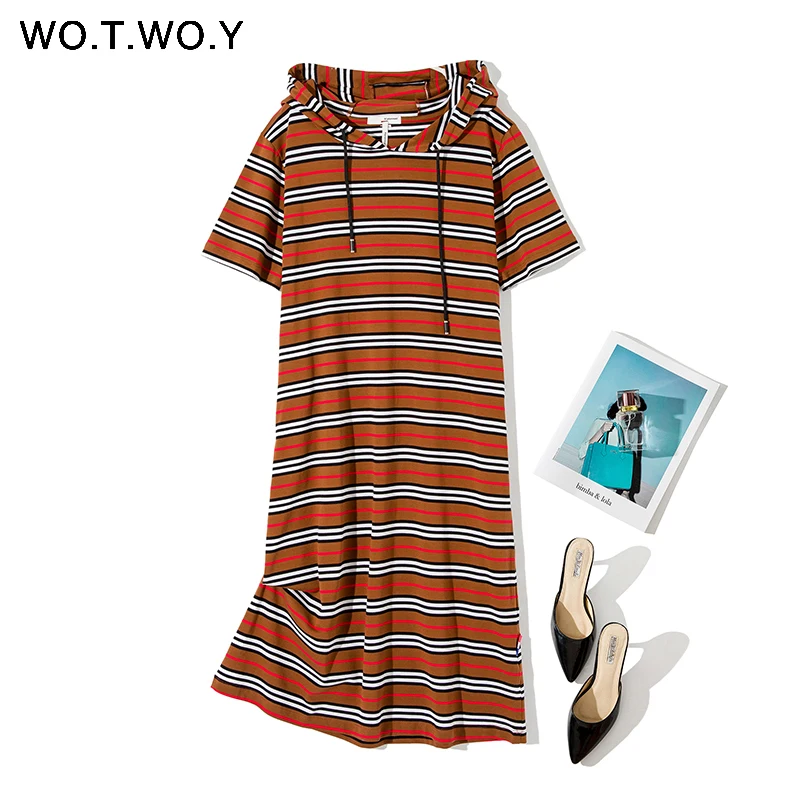 

WOTWOY Spring Cotton Knit Dress Women 2020 Hooded Striped Mid-Calf Straight Pockets Women Dress Casual ShortSleeve Women Clothes