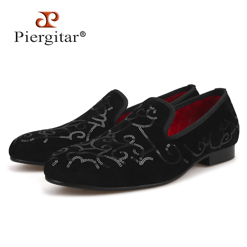 Piergitar Luxurious Sequin Black colors Men Velvet Shoes Wedding and Party men's loafers handmade men smoking slippers plus size | Обувь