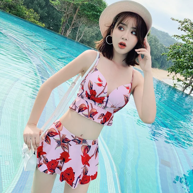 

2019 Two-piece Swimsuits Women's Three-piece Set Bikini Skirt Blouse Boxers Belly Covering Bubble Hot Spring Holiday Tour Bathin