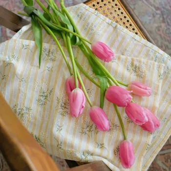 

DUNXDECO Tablecloth Garden Party Table Cover Fabric Modern Fresh Country Style Yellow Strop Flora Print Cotton Fabric Mesa