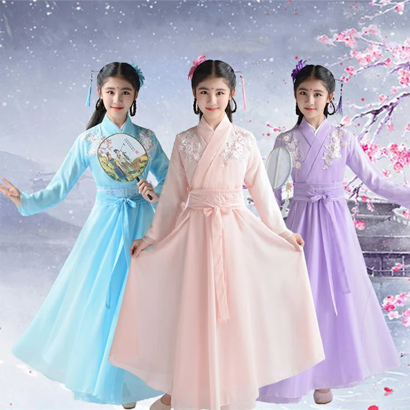 Детский костюм принцессы; HanFu; волшебный древний костюм для девочек; шифоновая одежда в китайском стиле для маленьких девочек