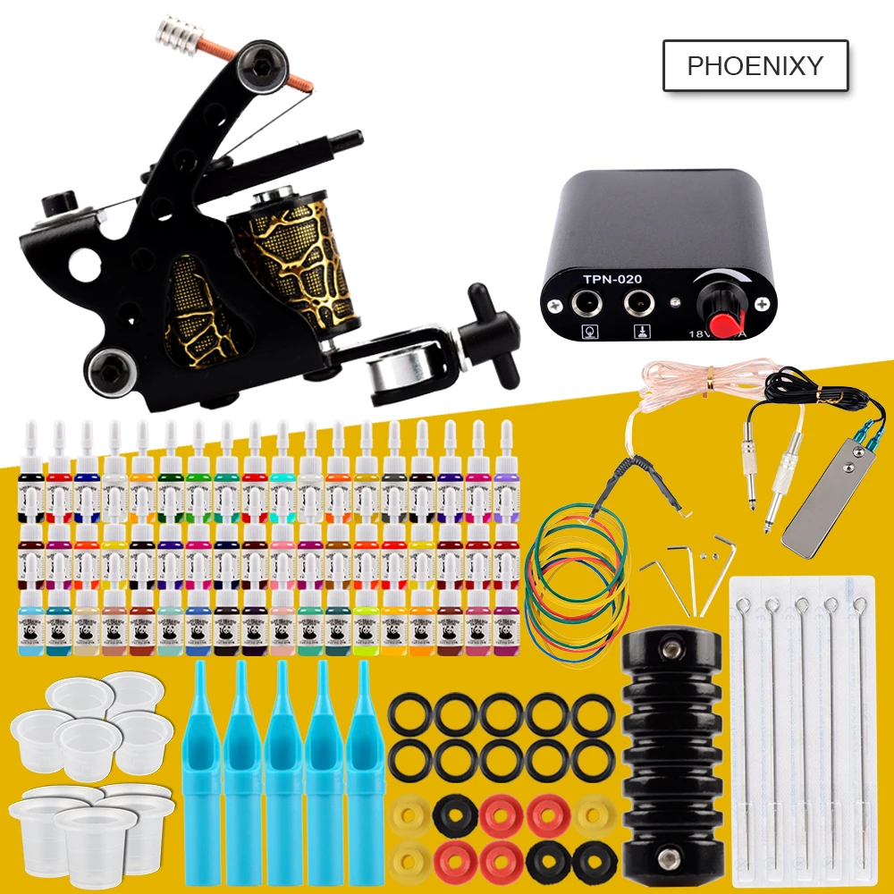 Beste Starter Tattoo Set 2 Coils Guns 20 Kleuren Pigment Inkten Sets Black Power Permanente Make Up Tattoo Kit Tattoo Machine Set