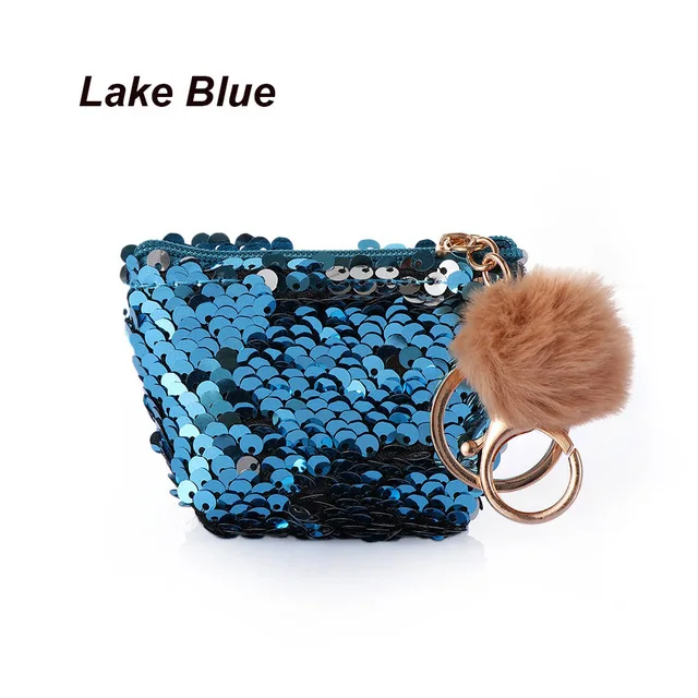 Lake Blue Сумка для денег мини кошелек для женщин Девушка Русалка Монета Сумка с милым плюшевым шариком блесток сверкающий кошелек на молнии наушник пакет - Цвет: Lake Blue