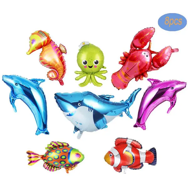 8 PCS Ocean Animals Foil Balloon Large Dolphin/Shark/Octopus/Lobster/Tropical Fish Balloons for Kids Birthday Party Decoration | Дом и сад