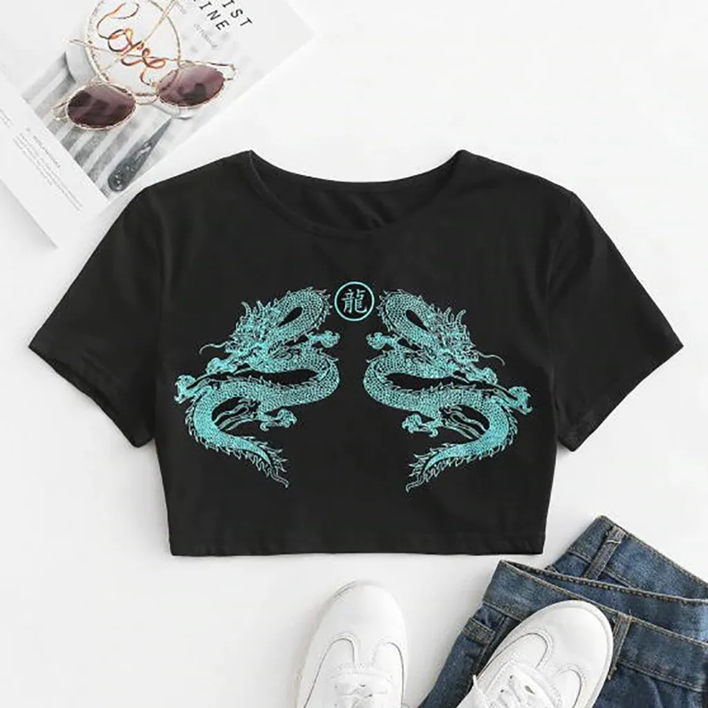 Top corto estampado de dragón para mujer, camisetas ajustadas de manga corta con cuello redondo, Top de calle de estética urbana, camisetas de estilo Hip Hop para discoteca