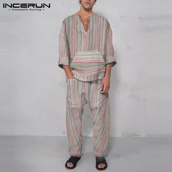 

Leisure Striped Men Sets INCERUN Long Sleeve V Neck Tops Elastic Pockets Pants 2 Pieces Loose Cozy Suits Streetwear Hombre Suits