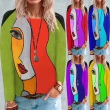 Harajuku T Shirt Women Tie Dye Gradient Character Abstract Print Top T-shirt Plus Size Long Sleeve O Neck Loose Tee Shirts
