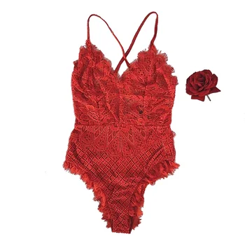 

Women Sexy Deep V Neck Eyelash Lace Bodysuits Sexy Lingerie Sleepwear G-string Underwear Teddies