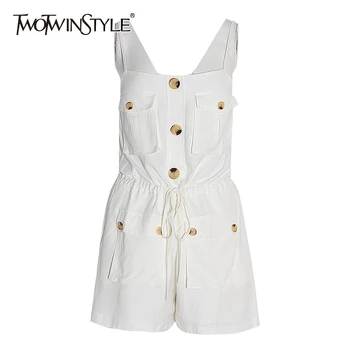 

TWOTWINSTYLE Elegant Sexy Jumpsuit For Women Square Collar Sleeveless Off Shoulder High Waist Playsuit Female 2020 Fashion Tide