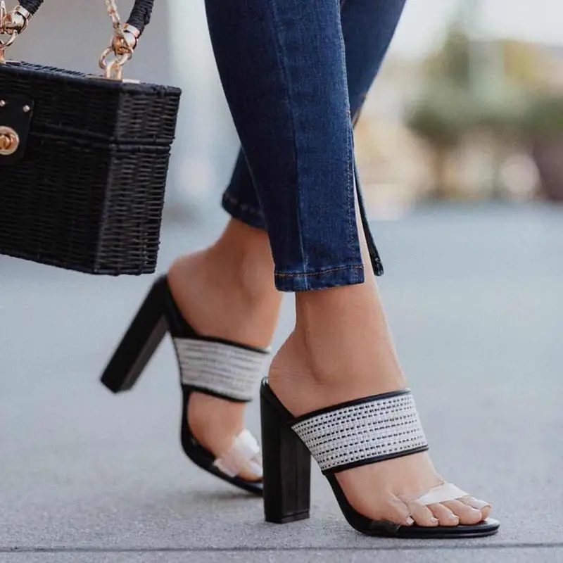 

Concise Elegant Crystal Slippers Women Peep Toe Outside Solid Ladies Platform Slides Hoof Heels High Summer Shoes