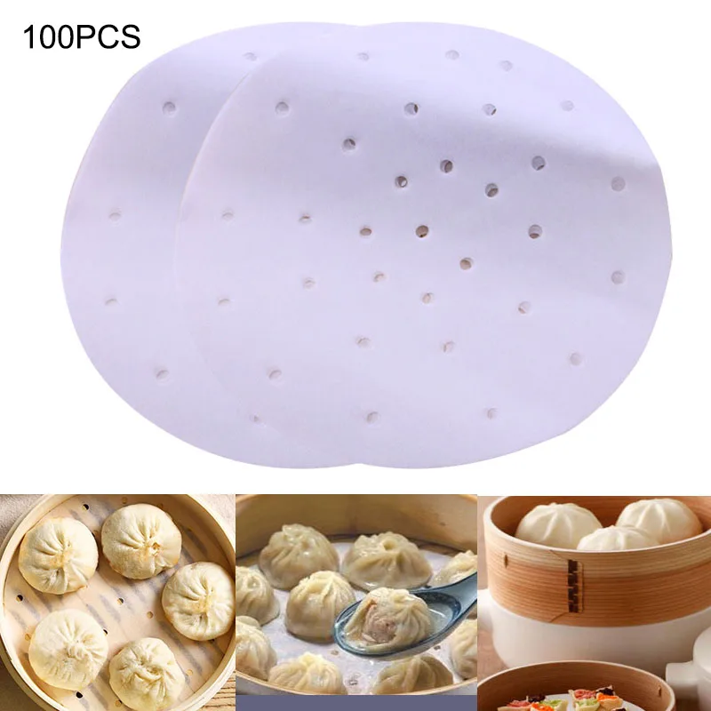Metyere 100Pcs Perforated Parchment Round Bamboo Steamer Paper Liners Disposable Suitable for Cooking Steaming Basket Air Fryer Dim Sum 