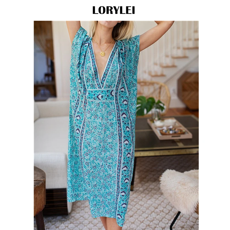 

2019 Bikini Cover-ups Bohemian Printed Bats Sleeve Summer Beach Dress Blue Cotton Tunic Women Beachwear Plus Size Kaftan N921