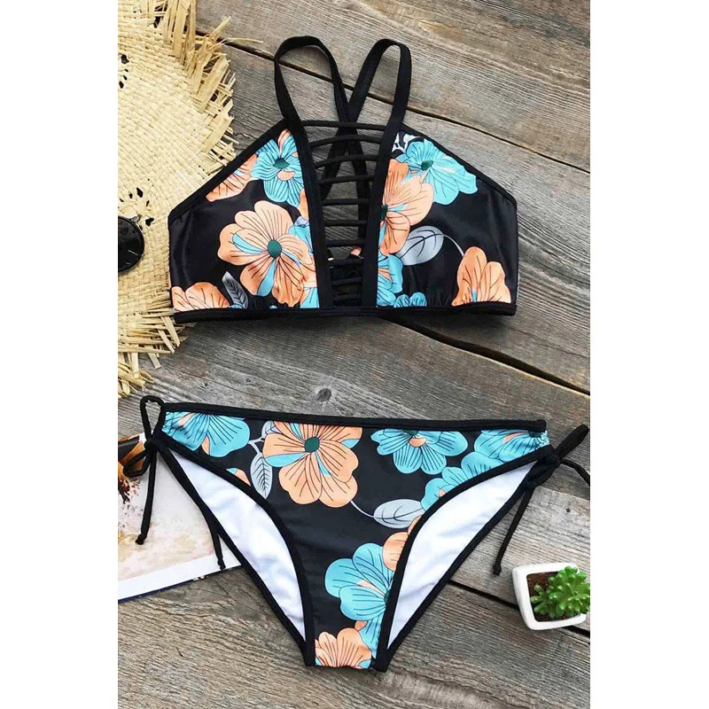 

Floral Print Bikini Set Hollow Out Bathing Suit Women Swimming Suit Bandage Swimwear Low Waist Swimsuit Beachwear Plavky Badpak