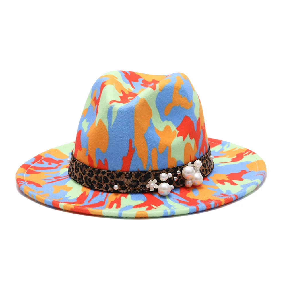 

2021 colorful hats for women fashion Flat wide Brim Panama Wool Felt Jazz Fedora Hats for men Tie-dye color hat cap