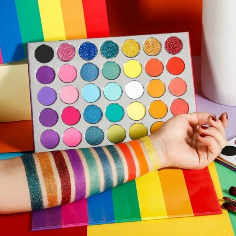 Grosir Palet Eyeshadow Makeup Warna NO Label 35 Eyeshadow Pelangi Warna Neon Matte dan Palet Eyeshadow Berkilau Glitter