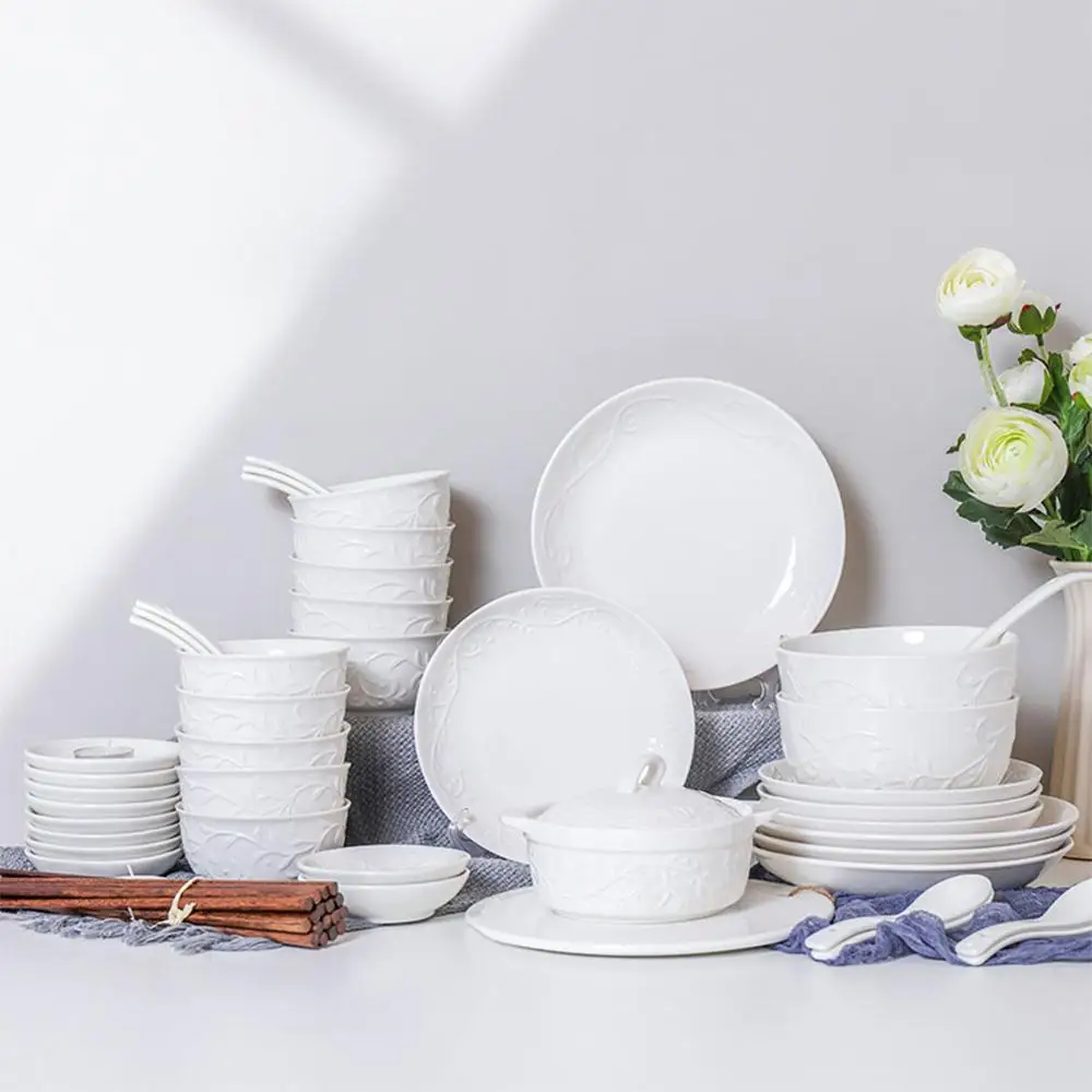 

52PCS/Set Classic White Ceramic Dinnerware Set Plate Steak Dessert Porcelain Plates Dishes Home Kitchen Dinnerware set