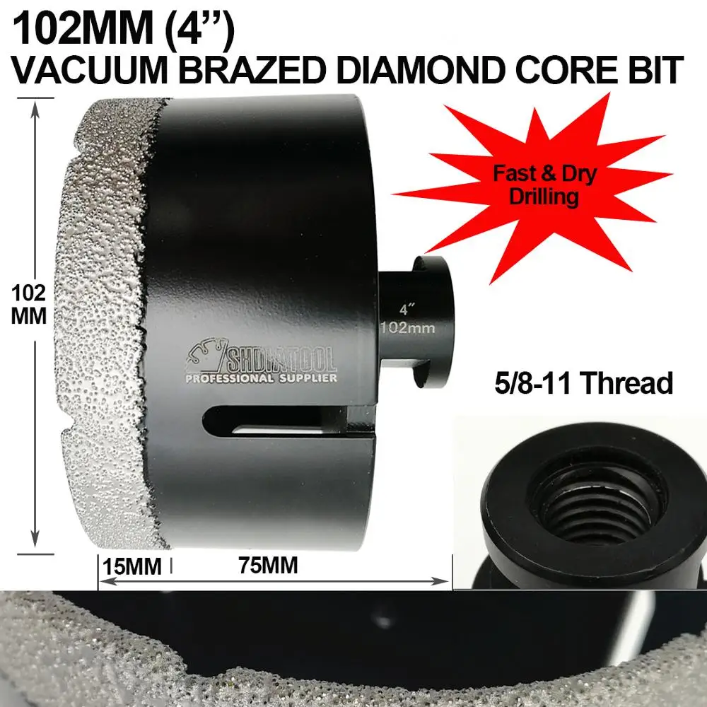 Diameter 102mm 4" Vacuum brazed diamond Dry drilling bits  5/8-11 connection drill core bits for grantie marble tile